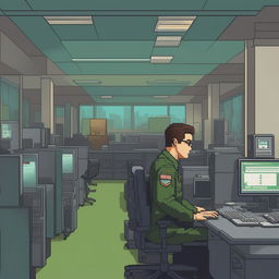 A vibrantly colored 8-bit pixel art image of a bustling IT helpdesk in the US military