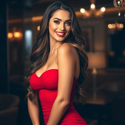 A glamorous and alluring woman exuding confidence and charm, wearing a stunning figure-hugging red dress that accentuates her curves