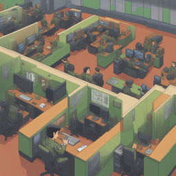 A vibrantly colored 8-bit pixel art image of a bustling IT helpdesk in the US military