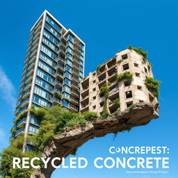 A visually striking cover for a graduation project titled 'Recycled Concrete', featuring a modern residential tower seamlessly merging with a dilapidated building