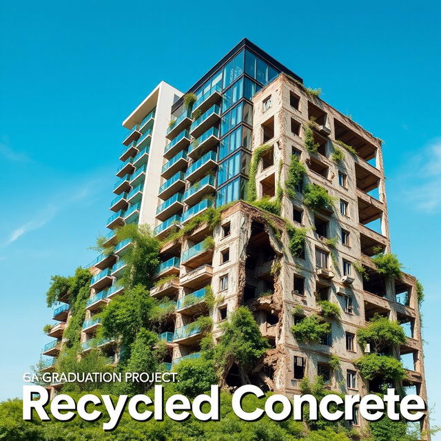 A visually striking cover for a graduation project titled 'Recycled Concrete', featuring a modern residential tower seamlessly merging with a dilapidated building