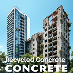 A visually striking cover for a graduation project titled 'Recycled Concrete', featuring a modern residential tower seamlessly merging with a dilapidated building