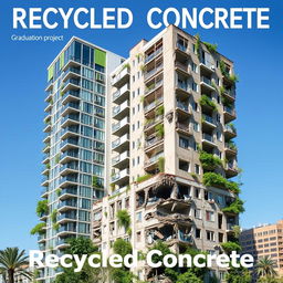 A visually striking cover for a graduation project titled 'Recycled Concrete', featuring a modern residential tower seamlessly merging with a dilapidated building