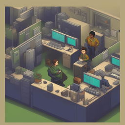 A vibrantly colored 8-bit pixel art image of a bustling IT helpdesk in the US military