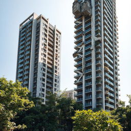 A modern residential tower seamlessly integrated with a demolished building, showcasing the innovative use of recycled concrete in construction