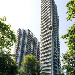 A modern residential tower seamlessly integrated with a demolished building, showcasing the innovative use of recycled concrete in construction