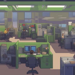 A vibrantly colored 8-bit pixel art image of a bustling IT helpdesk in the US military