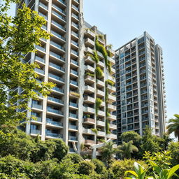 A modern residential tower seamlessly integrated with a demolished building, showcasing the innovative use of recycled concrete in construction