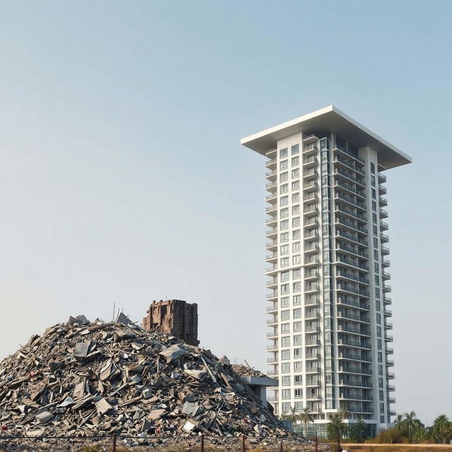 A residential tower partially in ruins, with the left half filled with debris and rubble, while the right half is a sleek modern building that has a elongated cover design