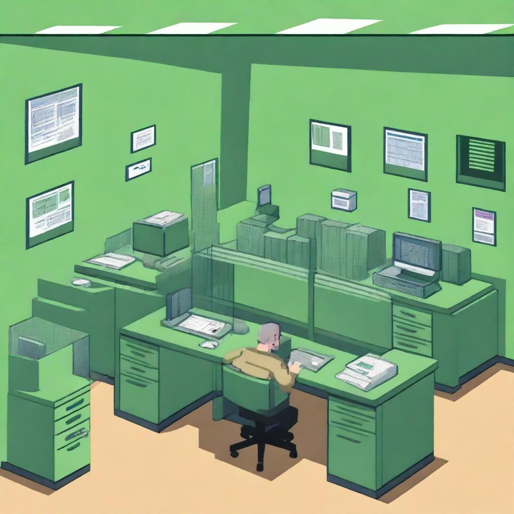 A pixel art image depicts a bright green office cubicle setup, akin to a US military's IT helpdesk