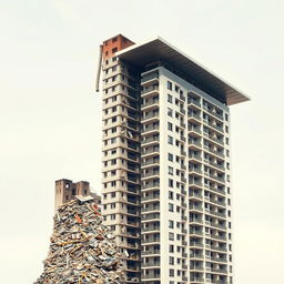A residential tower partially in ruins, with the left half filled with debris and rubble, while the right half is a sleek modern building that has a elongated cover design