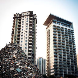 A residential tower partially in ruins, with the left half filled with debris and rubble, while the right half is a sleek modern building that has a elongated cover design