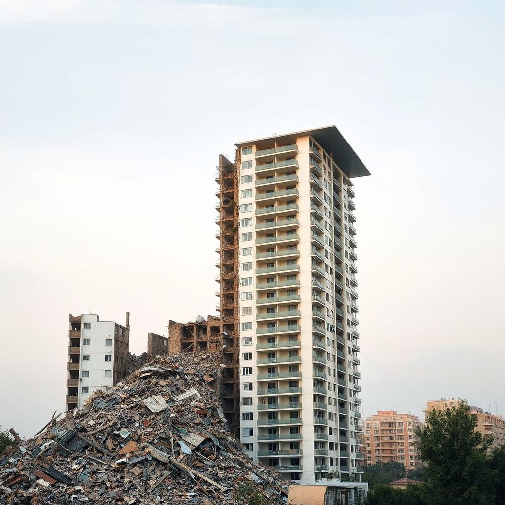 A residential tower partially in ruins, with the left half filled with debris and rubble, while the right half is a sleek modern building that has a elongated cover design