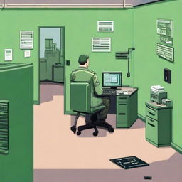 A pixel art image depicts a bright green office cubicle setup, akin to a US military's IT helpdesk