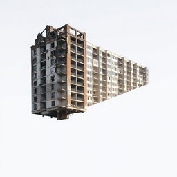 A residential building half in ruins and half newly constructed, featuring a long, elongated shape