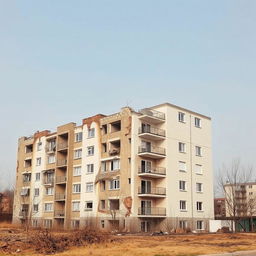 A residential building half in ruins and half newly constructed, featuring a long, elongated shape
