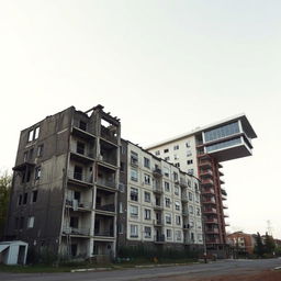 A residential building half in ruins and half newly constructed, featuring a long, elongated shape