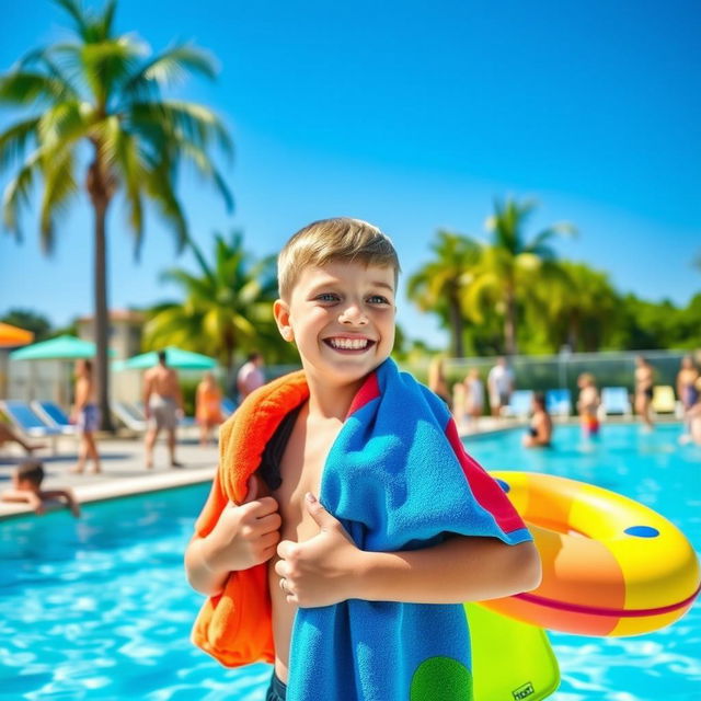 A young boy excitedly heading to a swimming pool, carrying his colorful swimming gear including a towel and a float