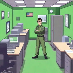 A pixel art image depicts a bright green office cubicle setup, akin to a US military's IT helpdesk