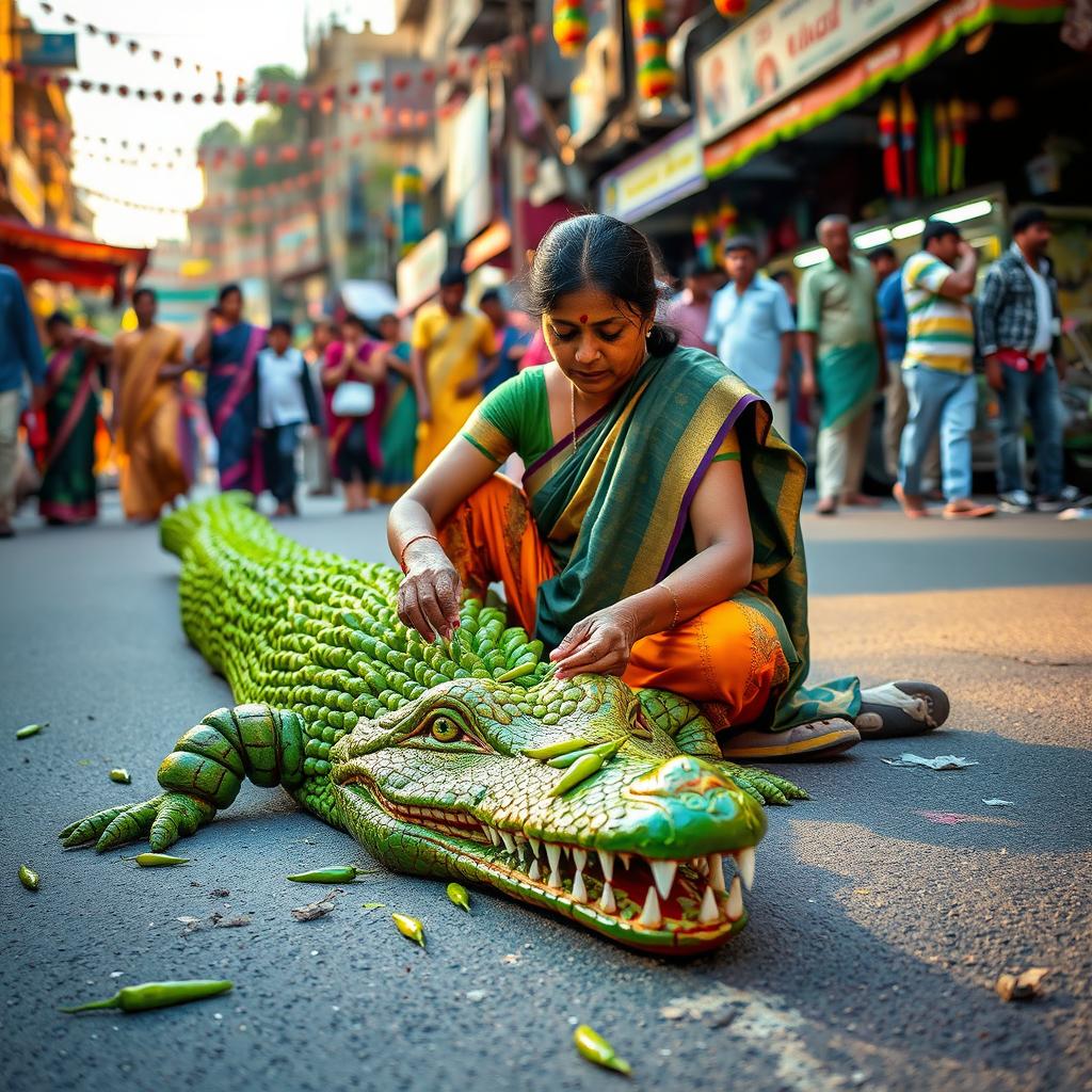 An Indian woman artistically creating a large crocodile sculpture on the road, using bright green chillies to form the intricate details of the crocodile's body