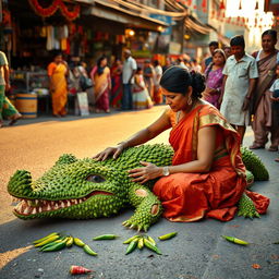 An Indian woman artistically creating a large crocodile sculpture on the road, using bright green chillies to form the intricate details of the crocodile's body