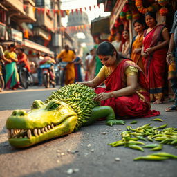 An Indian woman artistically creating a large crocodile sculpture on the road, using bright green chillies to form the intricate details of the crocodile's body