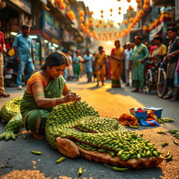 An Indian woman artistically creating a large crocodile sculpture on the road, using bright green chillies to form the intricate details of the crocodile's body