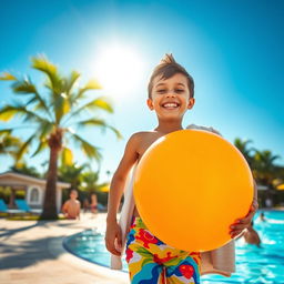 A playful boy joyfully heading towards a swimming pool, wearing colorful swim trunks and a big smile
