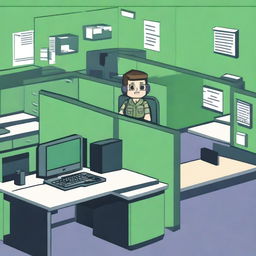 A pixel art image depicts a bright green office cubicle setup, akin to a US military's IT helpdesk