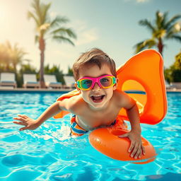 A quirky and humorous scene featuring a young boy, wearing bright and colorful swim goggles, diving joyfully into a sparkling pool