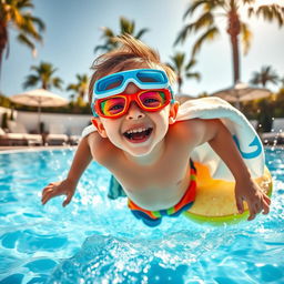 A quirky and humorous scene featuring a young boy, wearing bright and colorful swim goggles, diving joyfully into a sparkling pool