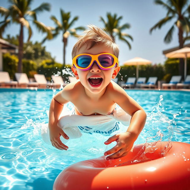 A quirky and humorous scene featuring a young boy, wearing bright and colorful swim goggles, diving joyfully into a sparkling pool