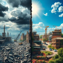 A fantastical scene depicting the contrast between destruction and reconstruction