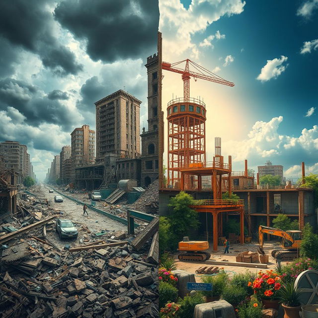 A fantastical scene depicting the contrast between destruction and reconstruction