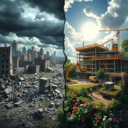 A fantastical scene depicting the contrast between destruction and reconstruction