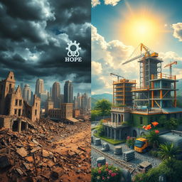 A fantastical scene depicting the contrast between destruction and reconstruction