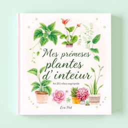 A beautifully illustrated book cover titled 'Mes premières plantes d’intérieur par Eva Poë', featuring vibrant illustrations of various indoor plants such as pothos, peace lilies, and succulents