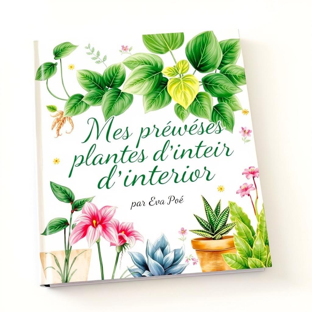 A beautifully illustrated book cover titled 'Mes premières plantes d’intérieur par Eva Poë', featuring vibrant illustrations of various indoor plants such as pothos, peace lilies, and succulents