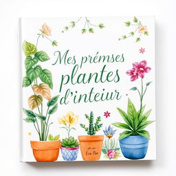 A beautifully illustrated book cover titled 'Mes premières plantes d’intérieur par Eva Poë', featuring vibrant illustrations of various indoor plants such as pothos, peace lilies, and succulents