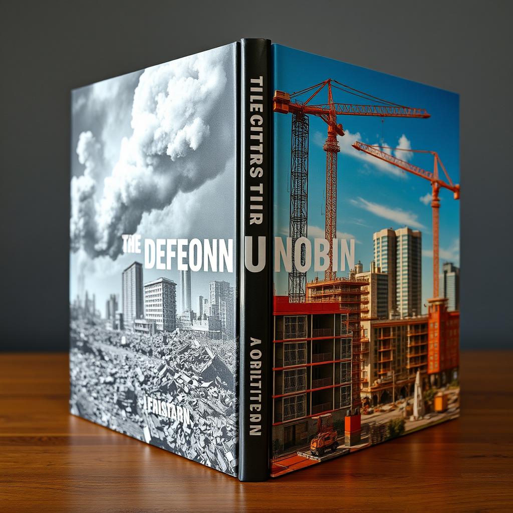 A striking book cover featuring a duality of devastation and reconstruction