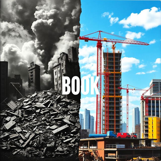 A striking book cover featuring a duality of devastation and reconstruction