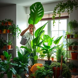 A beautifully arranged indoor plant care scene featuring a variety of houseplants in vibrant green hues