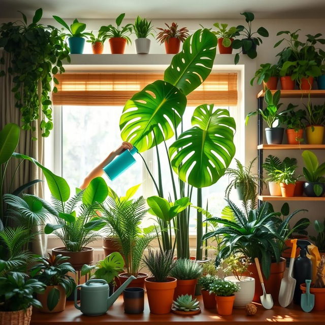 A beautifully arranged indoor plant care scene featuring a variety of houseplants in vibrant green hues