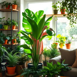 A beautifully arranged indoor plant care scene featuring a variety of houseplants in vibrant green hues
