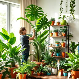 A beautifully arranged indoor plant care scene featuring a variety of houseplants in vibrant green hues