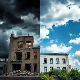 A striking image of a single building that beautifully illustrates the contrast between destruction and reconstruction