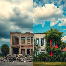 A striking image of a single building that beautifully illustrates the contrast between destruction and reconstruction