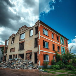 A striking image of a single building that beautifully illustrates the contrast between destruction and reconstruction