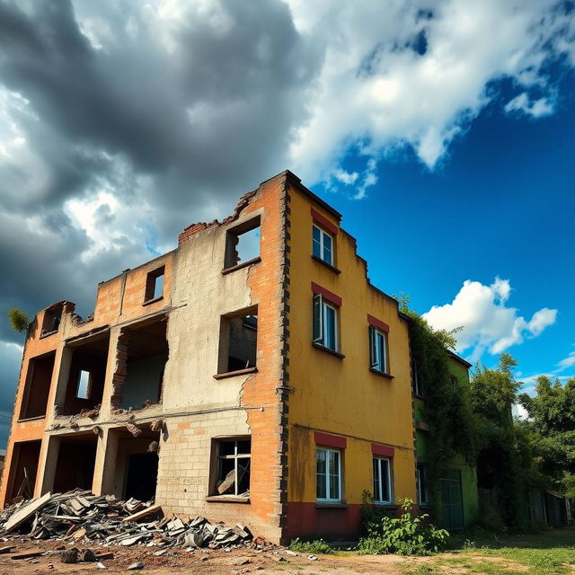 A striking image of a single building that beautifully illustrates the contrast between destruction and reconstruction