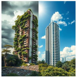 A single residential tower that creatively combines elements of destruction and reconstruction in a fantastical and imaginative way